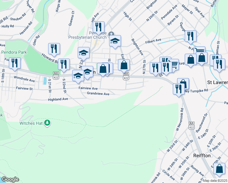 map of restaurants, bars, coffee shops, grocery stores, and more near 2524 Fairview Avenue in Mount Penn