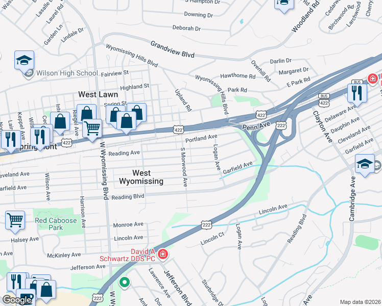 map of restaurants, bars, coffee shops, grocery stores, and more near 110 South Morwood Avenue in West Lawn