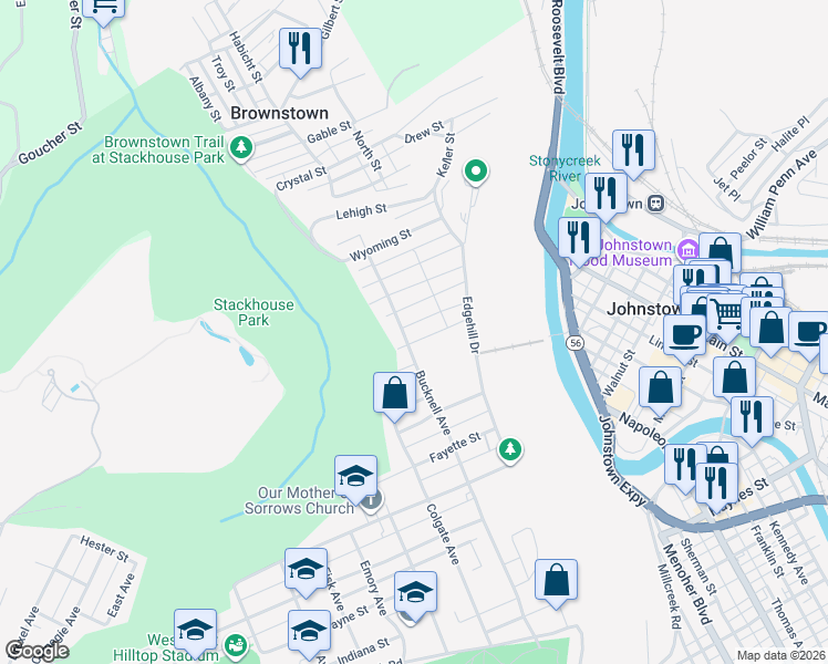 map of restaurants, bars, coffee shops, grocery stores, and more near 144 Erie Street in Johnstown