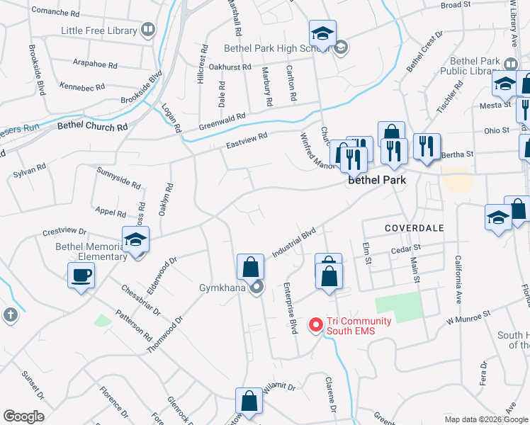 map of restaurants, bars, coffee shops, grocery stores, and more near 406 Maywood Drive in Bethel Park