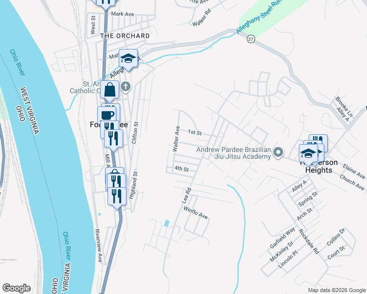 map of restaurants, bars, coffee shops, grocery stores, and more near 100-198 2nd Street in Follansbee