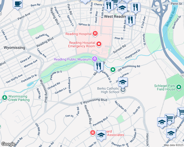 map of restaurants, bars, coffee shops, grocery stores, and more near 608 Museum Road in Reading