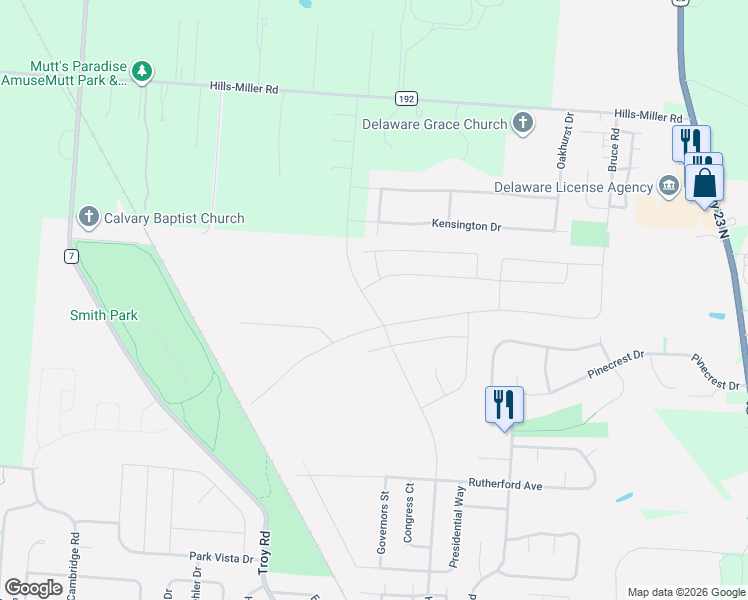 map of restaurants, bars, coffee shops, grocery stores, and more near 343 Kensington Drive in Delaware