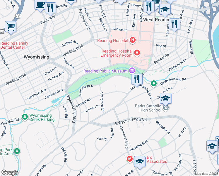 map of restaurants, bars, coffee shops, grocery stores, and more near 1209 Orchard Road in Reading