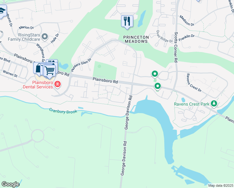 map of restaurants, bars, coffee shops, grocery stores, and more near 47 Tennyson Drive in Princeton Meadows