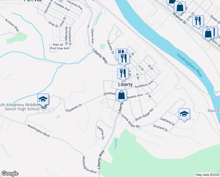 map of restaurants, bars, coffee shops, grocery stores, and more near 814 Vine St in McKeesport