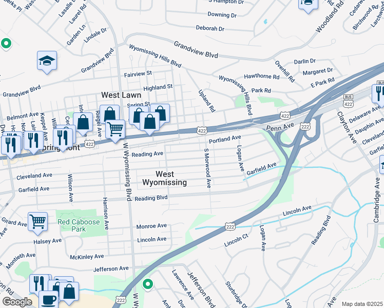 map of restaurants, bars, coffee shops, grocery stores, and more near 2130 Reading Avenue in West Lawn
