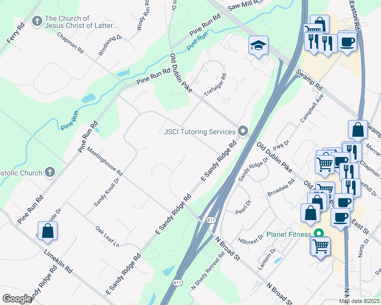 map of restaurants, bars, coffee shops, grocery stores, and more near 15 Settlers Drive in Doylestown