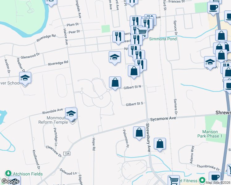 map of restaurants, bars, coffee shops, grocery stores, and more near 86 Gilbert Street West in Tinton Falls