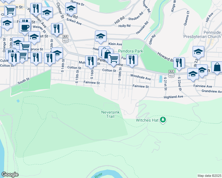 map of restaurants, bars, coffee shops, grocery stores, and more near 631 South 17th Street in Reading
