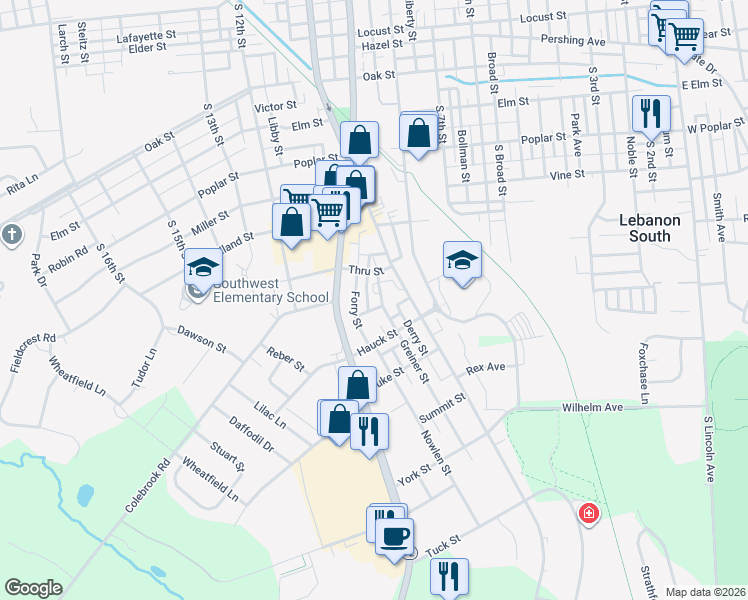 map of restaurants, bars, coffee shops, grocery stores, and more near 936 Kreider St in Lebanon