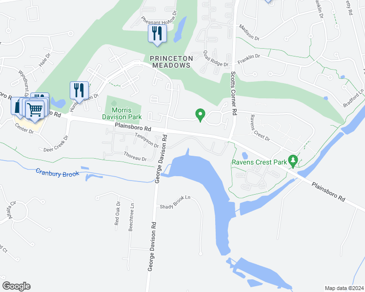 map of restaurants, bars, coffee shops, grocery stores, and more near 25 Ashford Drive in Princeton Meadows