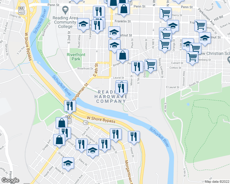 map of restaurants, bars, coffee shops, grocery stores, and more near 537 Willow Street in Reading
