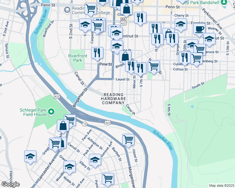 map of restaurants, bars, coffee shops, grocery stores, and more near 537 Willow Street in Reading