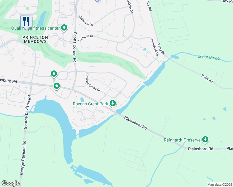 map of restaurants, bars, coffee shops, grocery stores, and more near 4906 Ravens Crest Drive in Plainsboro Township
