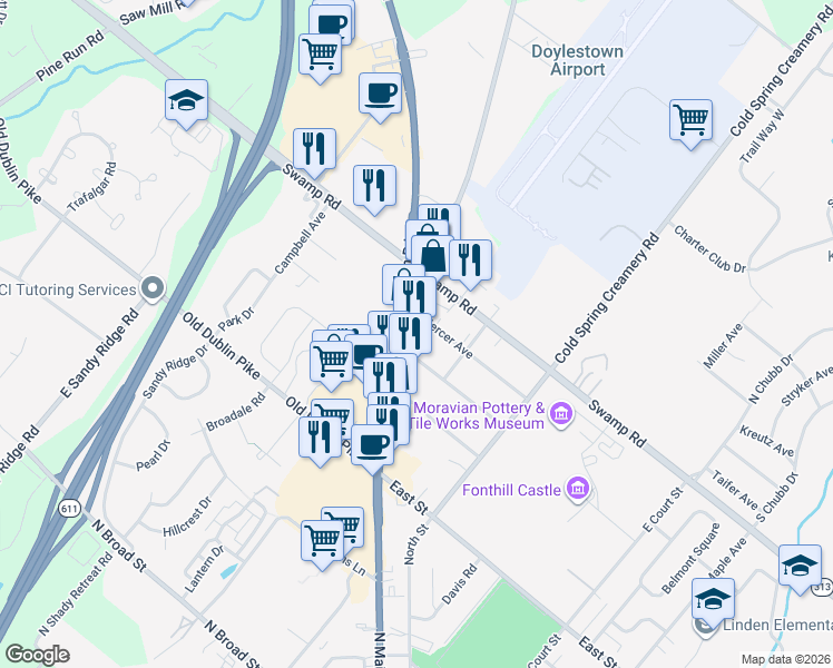 map of restaurants, bars, coffee shops, grocery stores, and more near 641 North Main Street in Doylestown