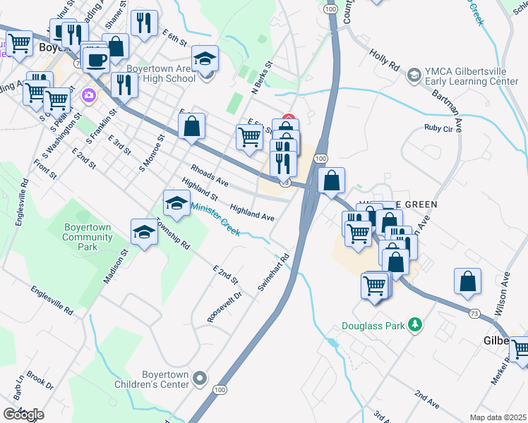 map of restaurants, bars, coffee shops, grocery stores, and more near 811 Highland Ave in Boyertown