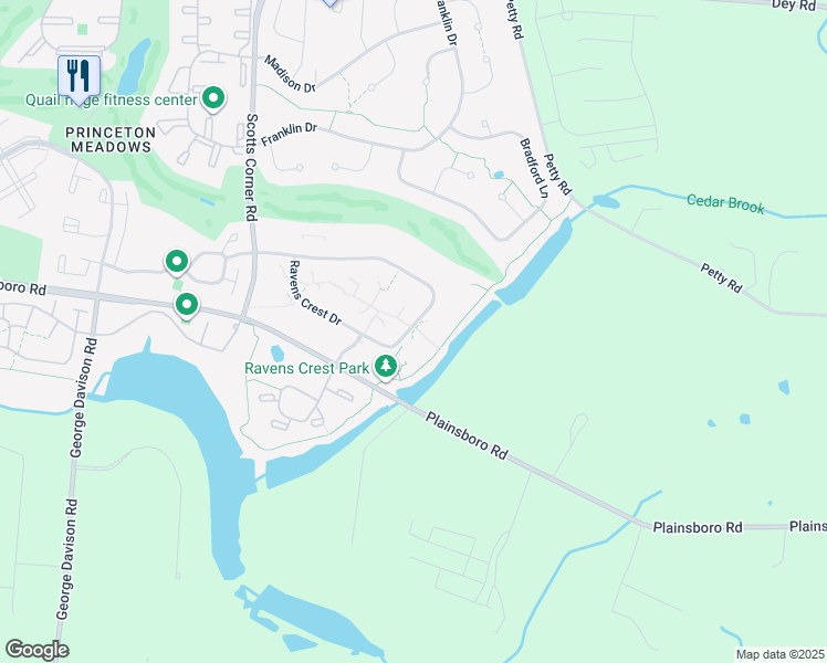map of restaurants, bars, coffee shops, grocery stores, and more near 704 Ravens Crest Drive in Princeton Meadows