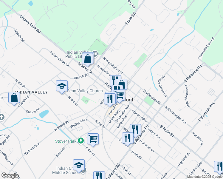 map of restaurants, bars, coffee shops, grocery stores, and more near 101 West Broad Street in Telford