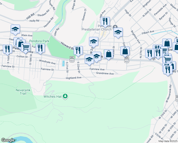 map of restaurants, bars, coffee shops, grocery stores, and more near 2236 Fairview Avenue in Mount Penn