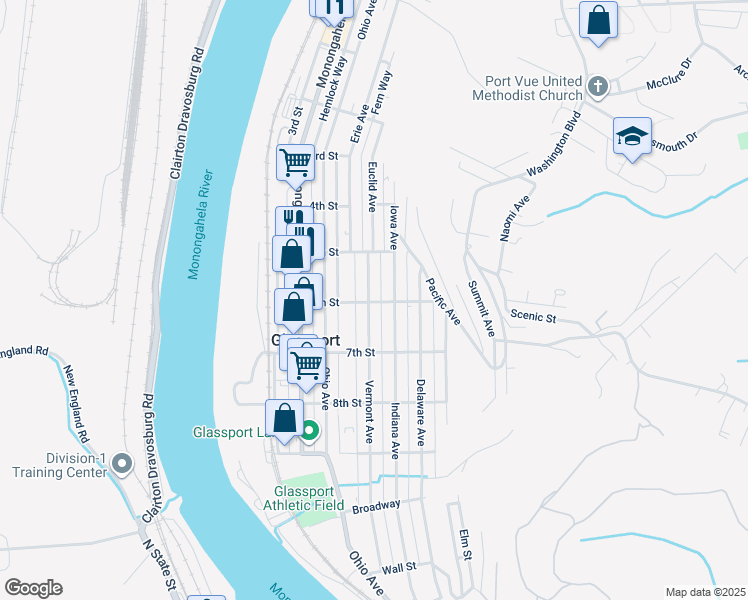 map of restaurants, bars, coffee shops, grocery stores, and more near 424 6th Street in Glassport