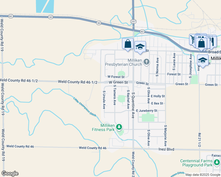 map of restaurants, bars, coffee shops, grocery stores, and more near 288 West Hawthorne Street in Milliken