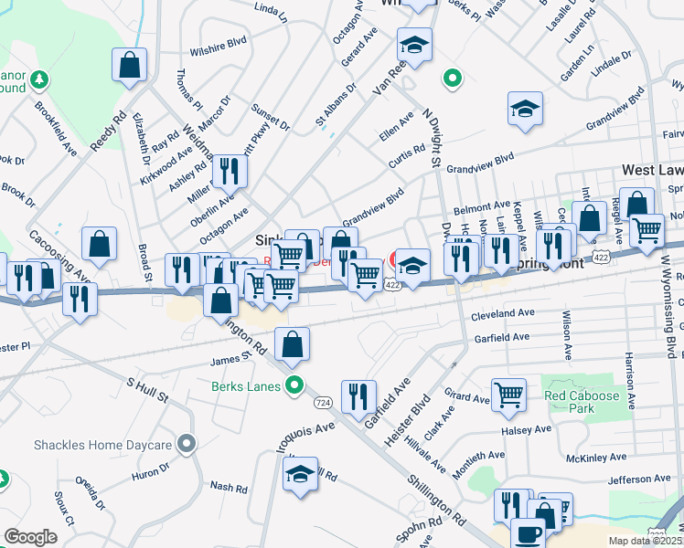 map of restaurants, bars, coffee shops, grocery stores, and more near 3337 Penn Avenue in West Lawn