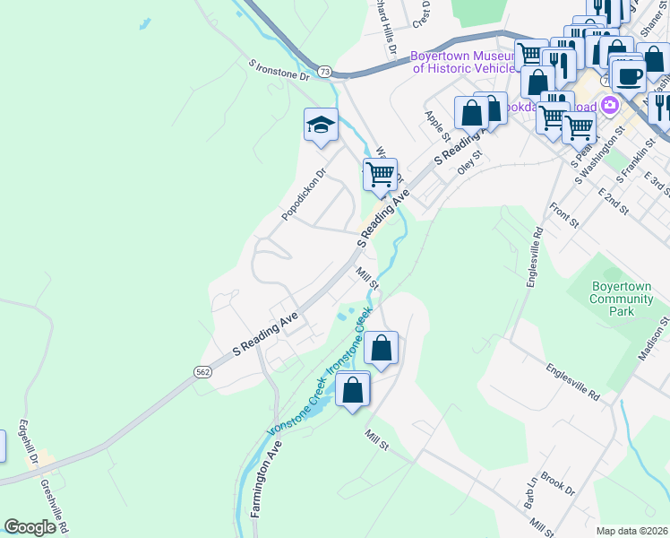 map of restaurants, bars, coffee shops, grocery stores, and more near 613 South Reading Avenue in Boyertown