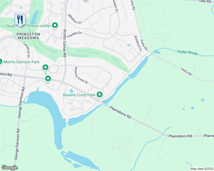 map of restaurants, bars, coffee shops, grocery stores, and more near 704 Ravens Crest Drive in Princeton Meadows