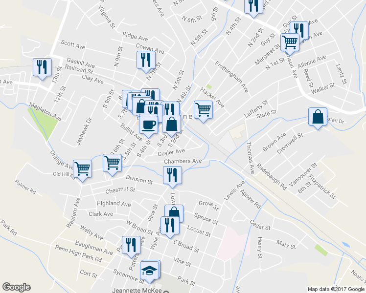map of restaurants, bars, coffee shops, grocery stores, and more near 101 Clay Ave in Jeannette