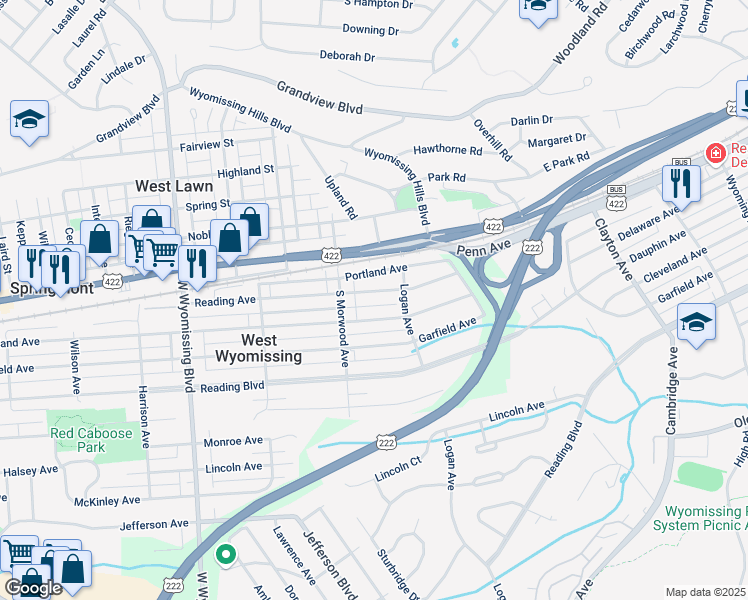 map of restaurants, bars, coffee shops, grocery stores, and more near 2030 Reading Avenue in West Lawn