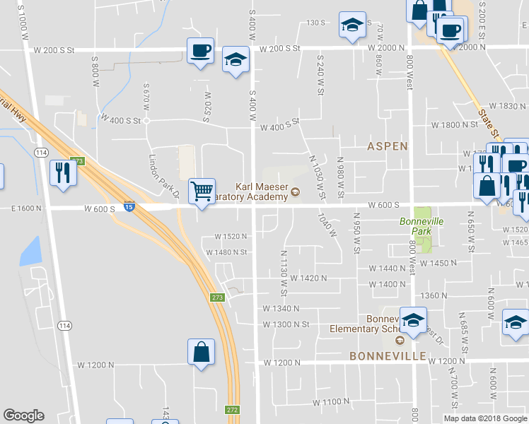 map of restaurants, bars, coffee shops, grocery stores, and more near 1174 1580 North in Orem