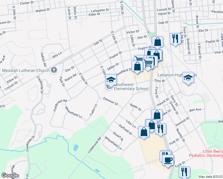 map of restaurants, bars, coffee shops, grocery stores, and more near 1500 Woodland Street in Lebanon