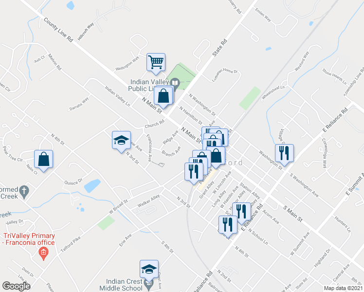 map of restaurants, bars, coffee shops, grocery stores, and more near 8 Branch Avenue in Telford