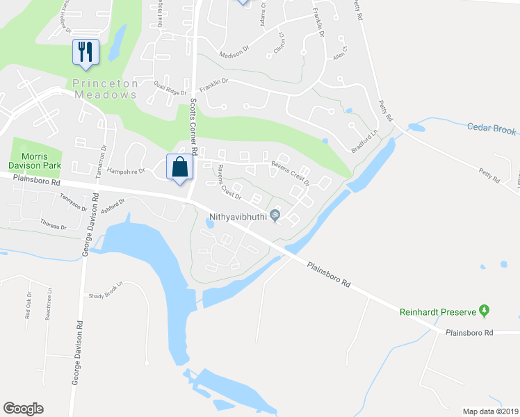 map of restaurants, bars, coffee shops, grocery stores, and more near 5416 Ravens Crest Drive in Plainsboro Township