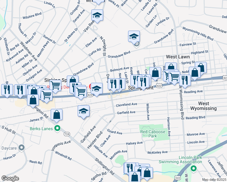 map of restaurants, bars, coffee shops, grocery stores, and more near 2909 Penn Avenue in West Lawn