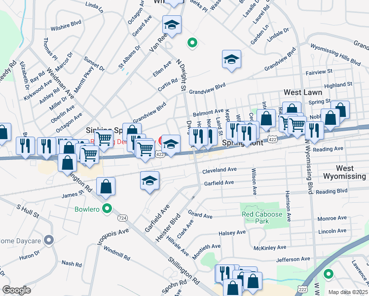 map of restaurants, bars, coffee shops, grocery stores, and more near 5 East Court Boulevard in West Lawn