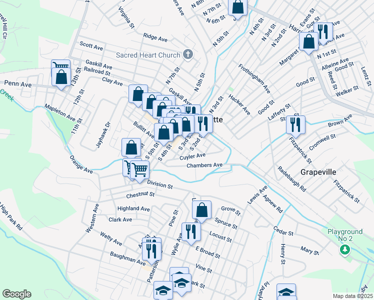 map of restaurants, bars, coffee shops, grocery stores, and more near 211 South 2nd Street in Jeannette