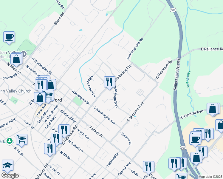 map of restaurants, bars, coffee shops, grocery stores, and more near 93 Reliance Circle in Telford