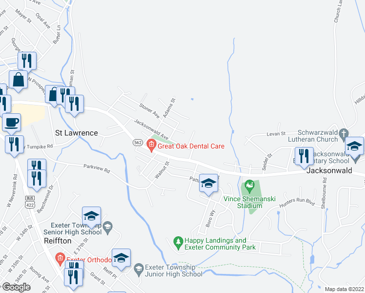 map of restaurants, bars, coffee shops, grocery stores, and more near 3616 Jacksonwald Avenue in Reading