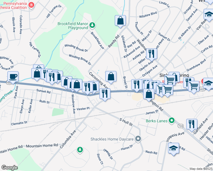 map of restaurants, bars, coffee shops, grocery stores, and more near 29 Cacoosing Avenue in Sinking Spring