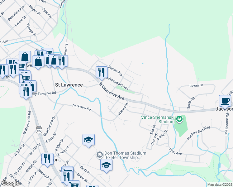 map of restaurants, bars, coffee shops, grocery stores, and more near 3519 Saint Lawrence Avenue in Reading