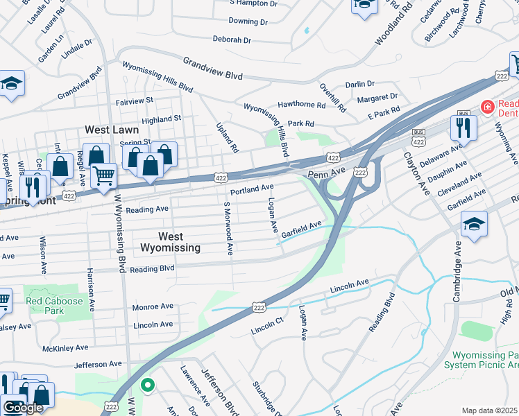 map of restaurants, bars, coffee shops, grocery stores, and more near 2030 Reading Avenue in West Lawn