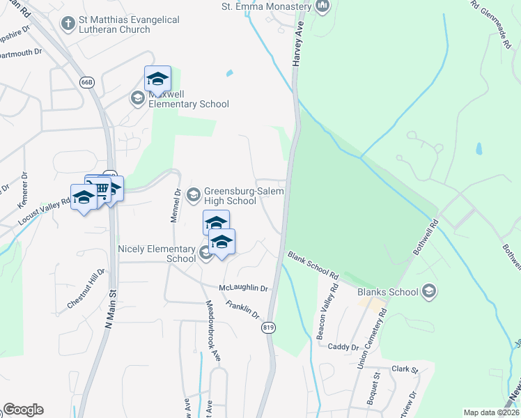 map of restaurants, bars, coffee shops, grocery stores, and more near 18 Meadow Drive in Greensburg