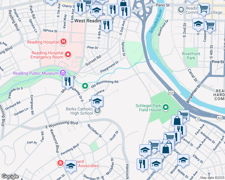 map of restaurants, bars, coffee shops, grocery stores, and more near 735 Summit Chase Drive in Reading