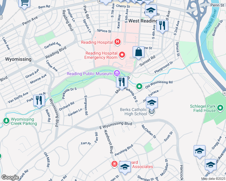 map of restaurants, bars, coffee shops, grocery stores, and more near 608 Museum Road in Reading