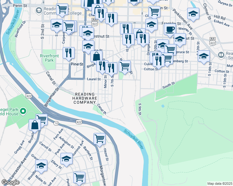map of restaurants, bars, coffee shops, grocery stores, and more near 720 Laurel Street in Reading