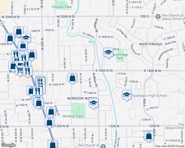 map of restaurants, bars, coffee shops, grocery stores, and more near 1577 North Main Street in Orem