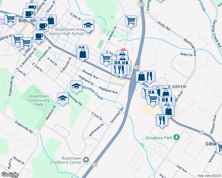 map of restaurants, bars, coffee shops, grocery stores, and more near 811 Highland Avenue in Boyertown