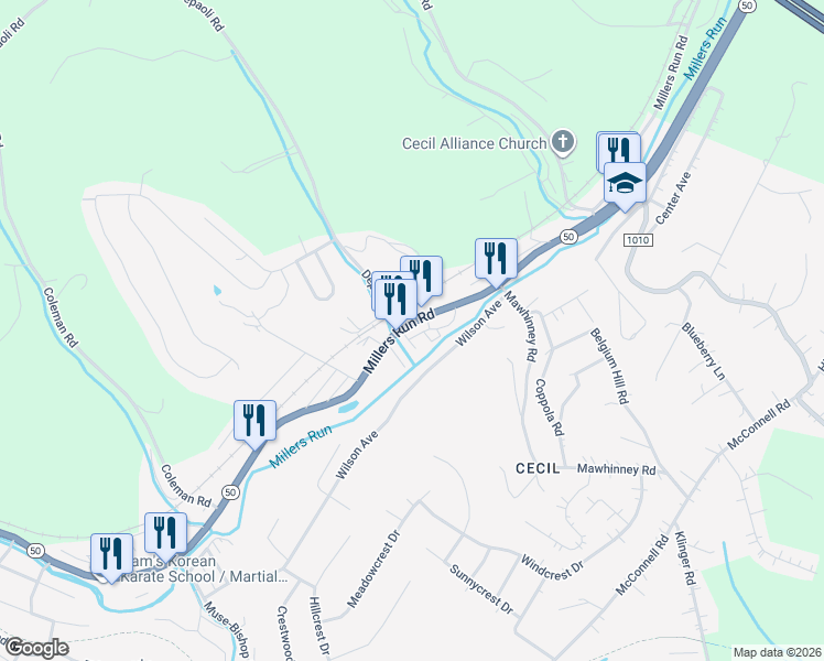 map of restaurants, bars, coffee shops, grocery stores, and more near 3249 Millers Run Road in Cecil-Bishop